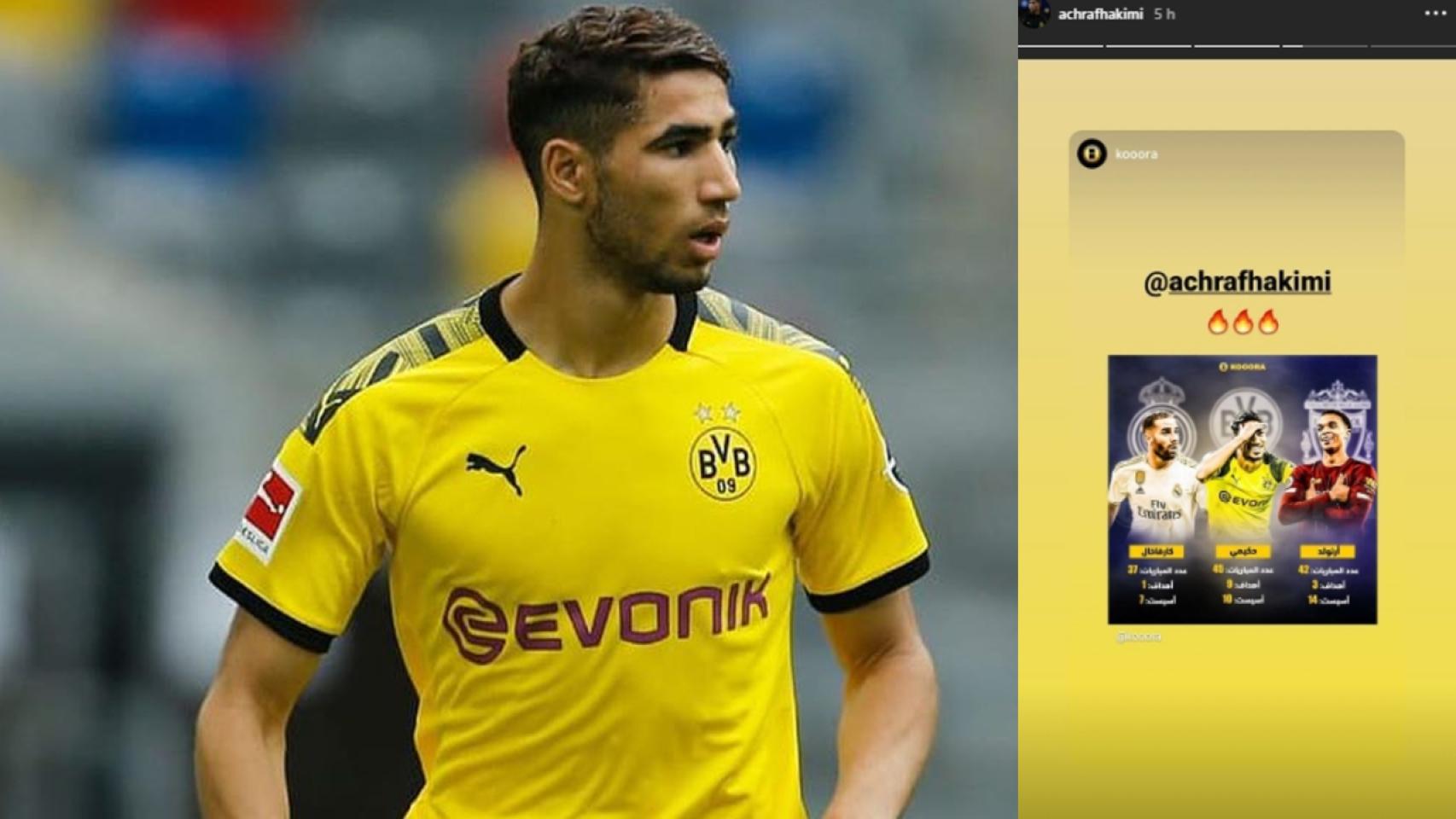 Achraf Hakimi, durante un partido y su publicación en Instagram