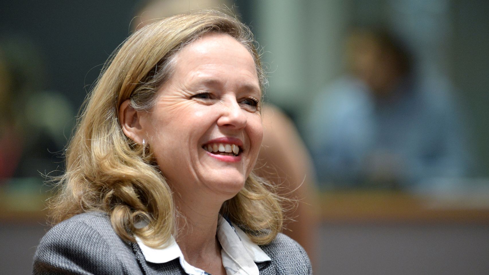 La vicepresidenta económica, Nadia Calviño, durante un Eurogrupo