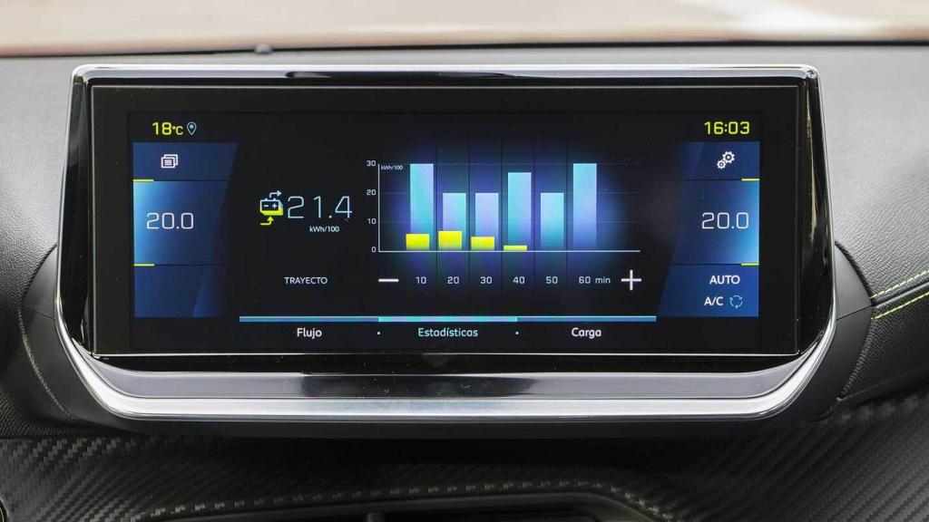 Cuadro central del nuevo Peugeot e-2008 con el consumo de electricidad.