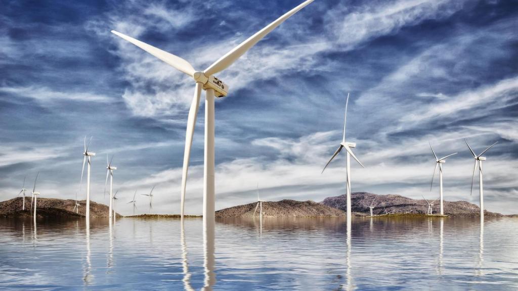 Una imagen de archico de un parque eólico marino.