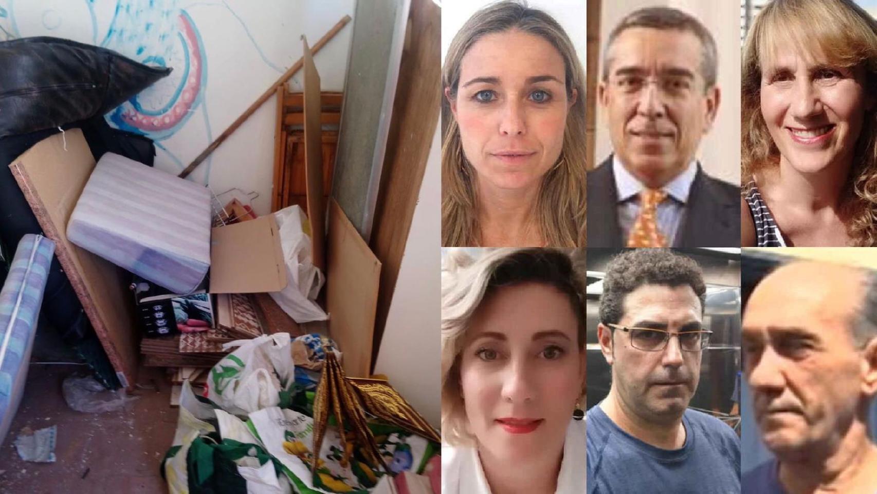 A la izquierda, el estado de una vivienda en Barcelona, tras ser okupada. A la derecha,  Teresa, Luis, Gemma, Lidia, Óscar y Juan, víctimas de la okupación.