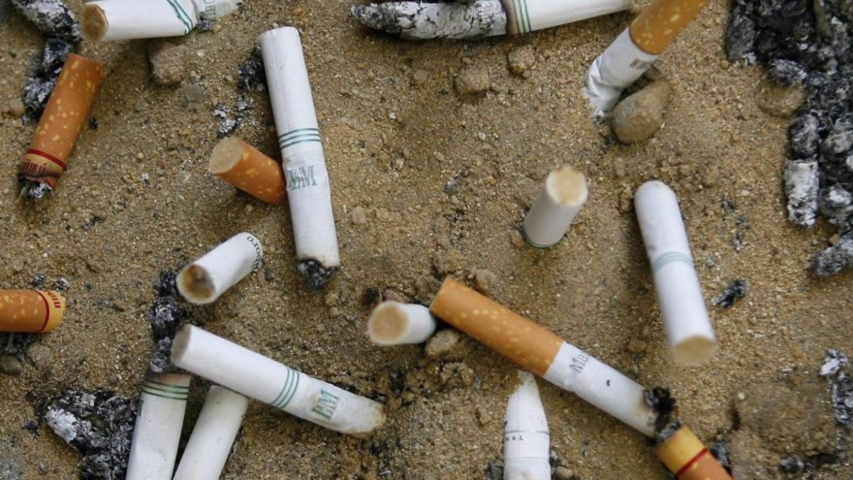 Imagen de varias colillas de cigarrillo en el suelo.