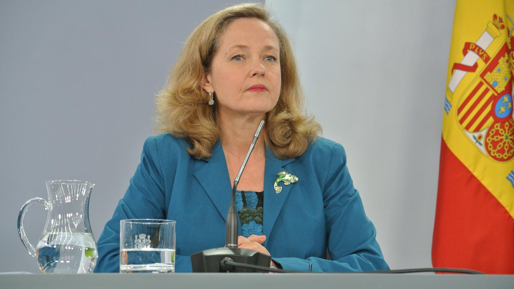Nadia Calviño, vicepresidenta tercera y ministra de Economía, en rueda de prensa.