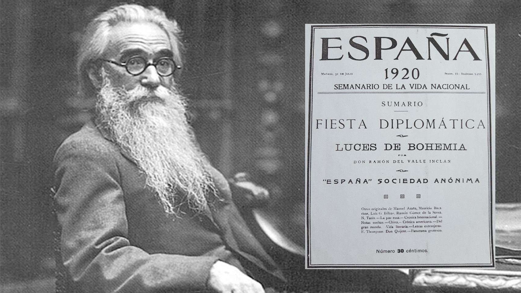 Valle-Inclán y la portada de la revista 'España' el día que empezó a publicarse 'Luces de bohemia'.