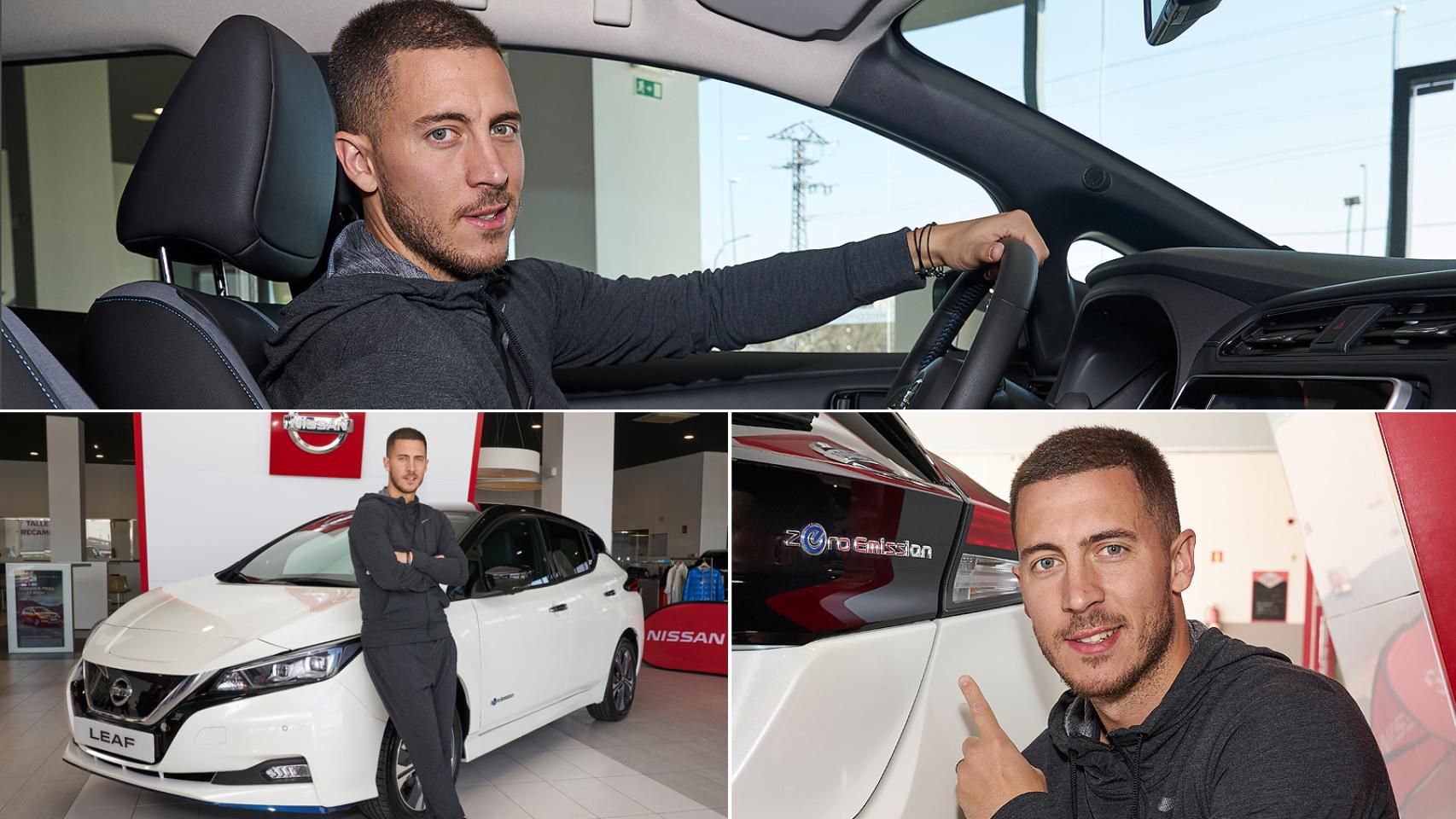 Eden Hazard, jugador del Real madrid, con su nuevo coche eléctrico, el Nissan Leaf e+.