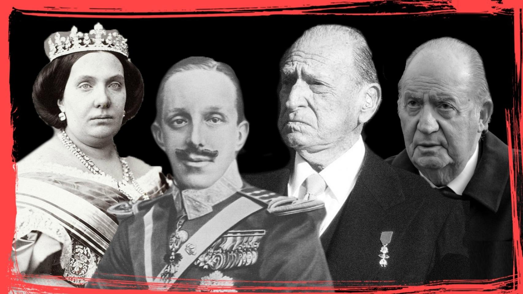 Isabel II de España, Alfonso XIII, Juan de Borbón y Juan Carlos I.