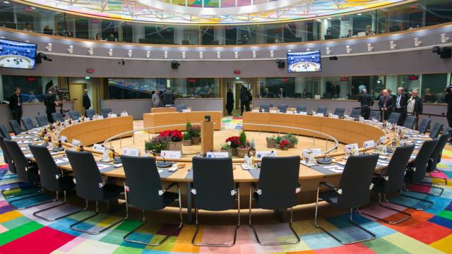 La sala de reuniones del Consejo Europeo, en Bruselas, vacía.