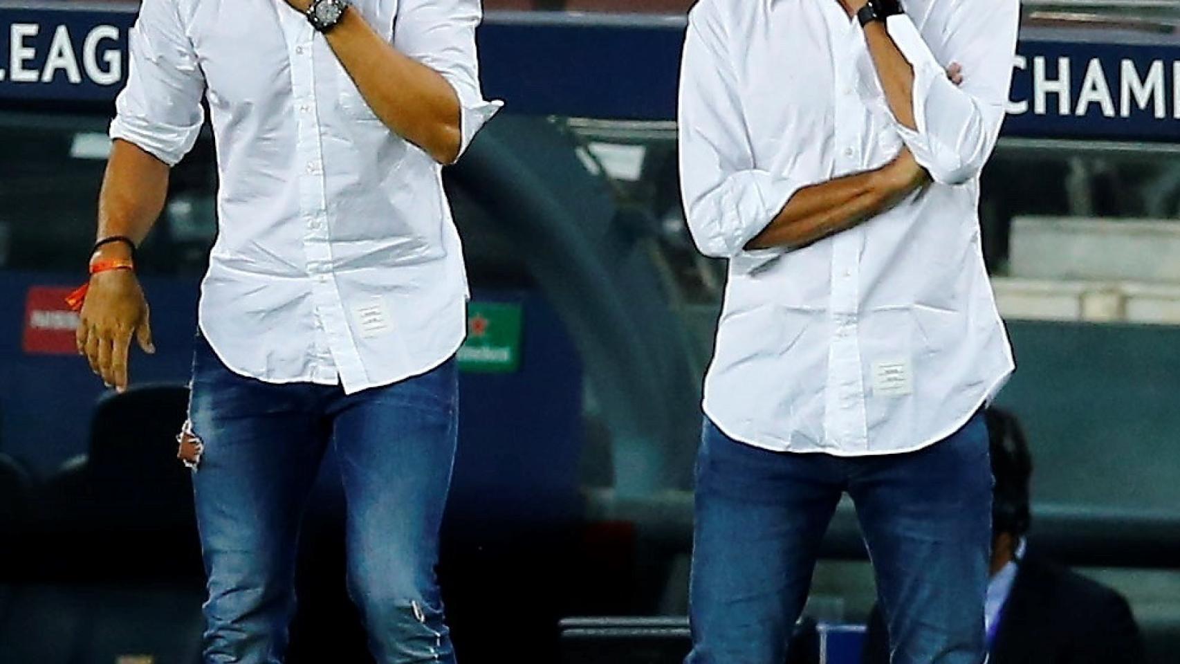 Eder Sarabia y Quique Setién, en el partido frente al Nápoles