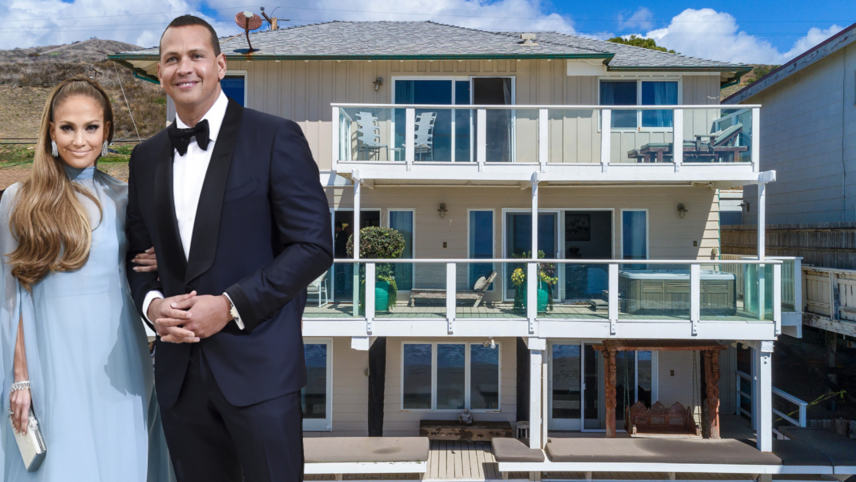 Jennifer Lopez y Álex Rodríguez junto a su casa en Malibú, en un fotomontaje de JALEOS.