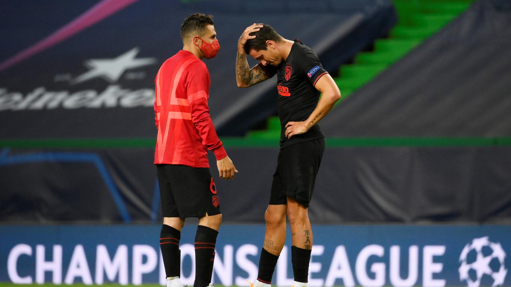 José María Giménez y Koke Resurrección, durante el partido de la Champions League entre el RB Leipzig y el Atlético de Madrid