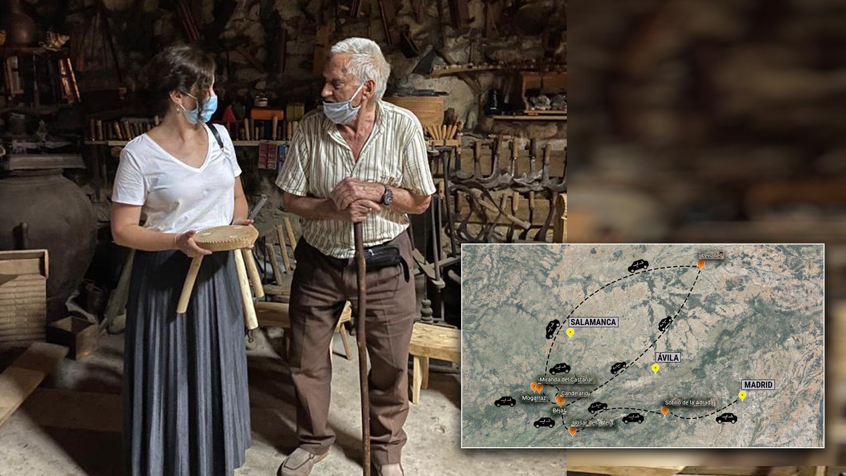 Isabel Díaz Ayuso en Mogarraz, con Sebas, el carpintero.
