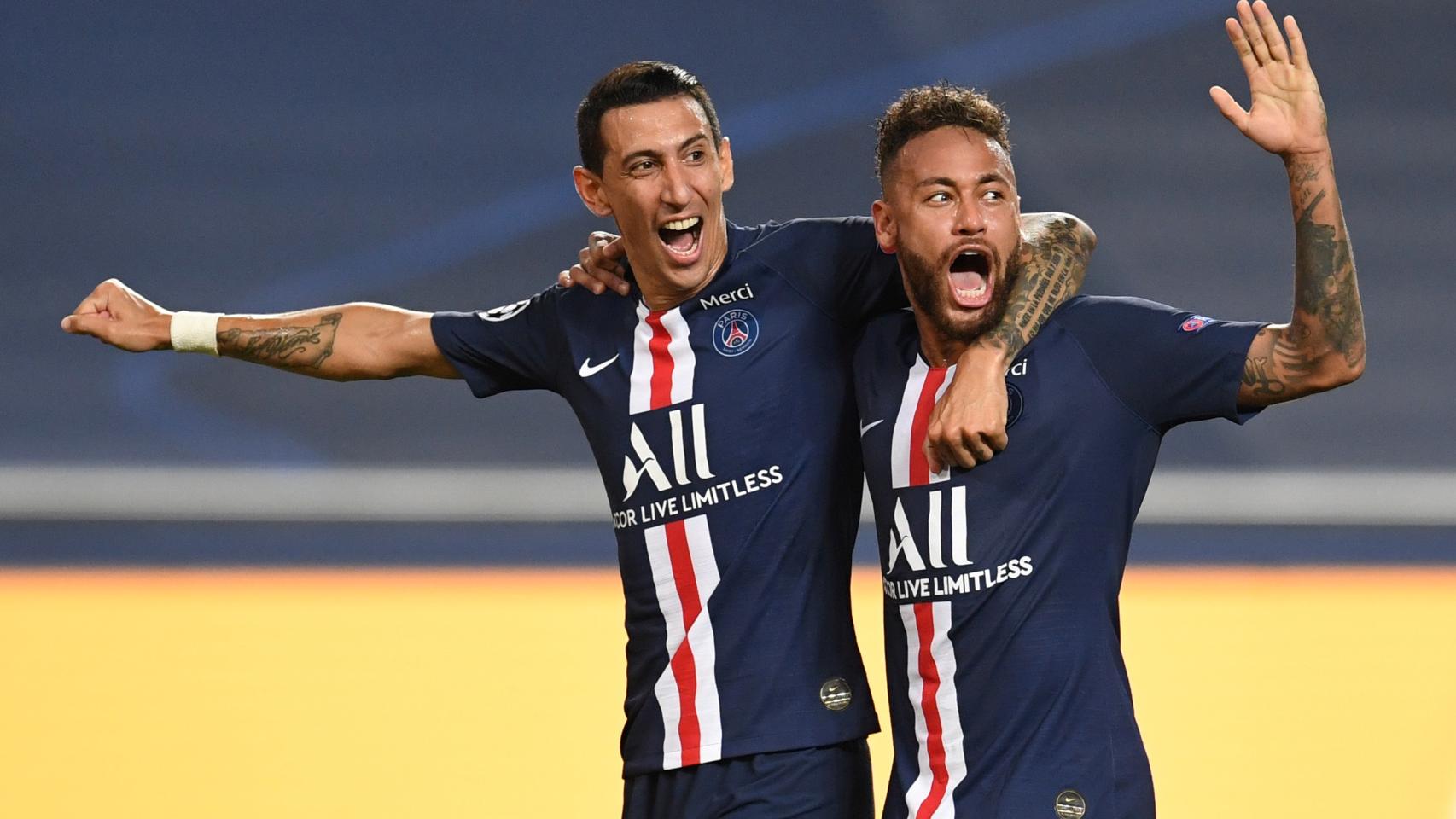 Di María y Neymar celebran el segundo gol del PSG al Leipzig