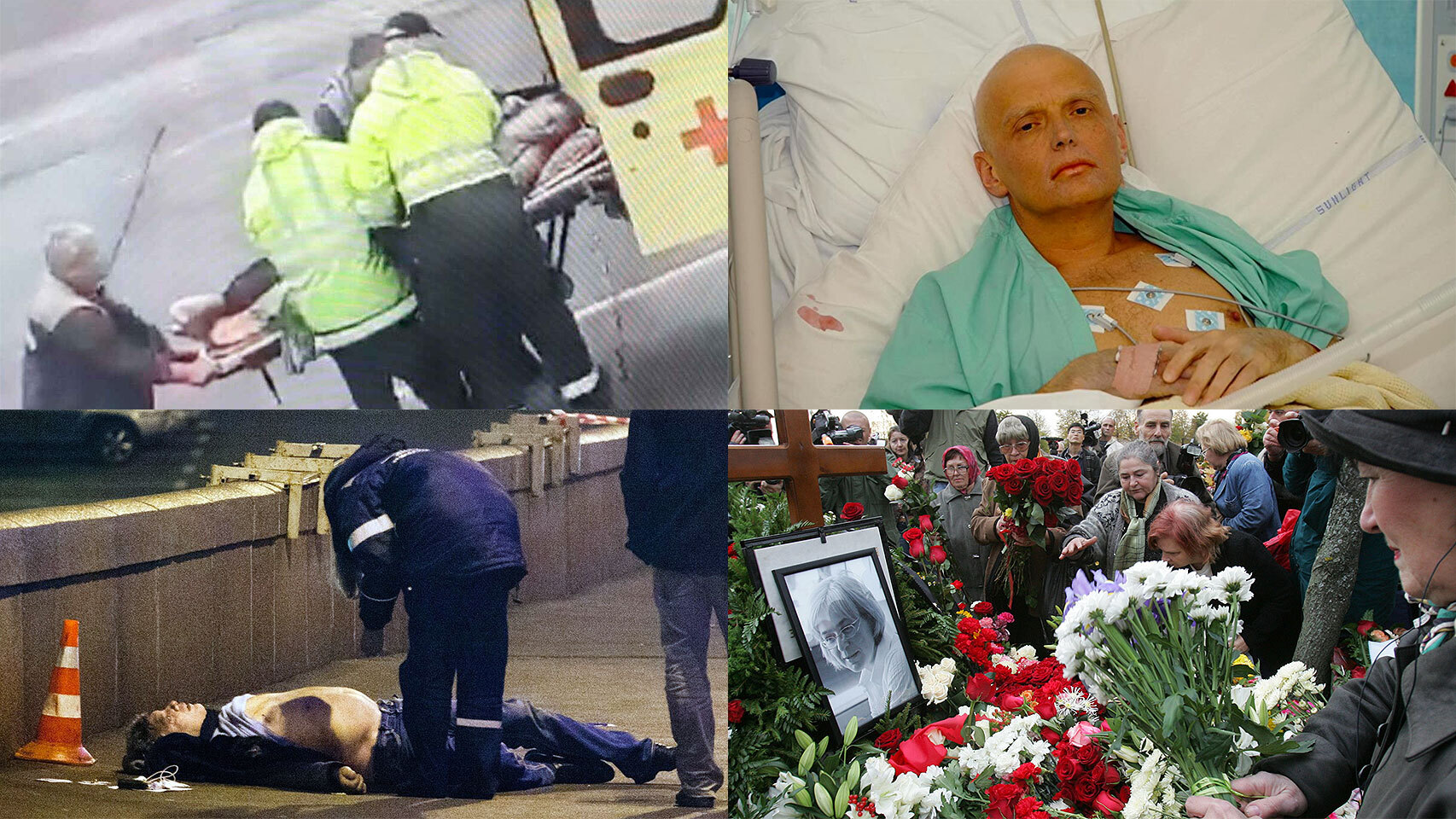 De izquierda a derecha y de arriba abajo: Navalny, Aleksandr Litvinenko, Borís Nemtsov y Anna Politkóvskaya.