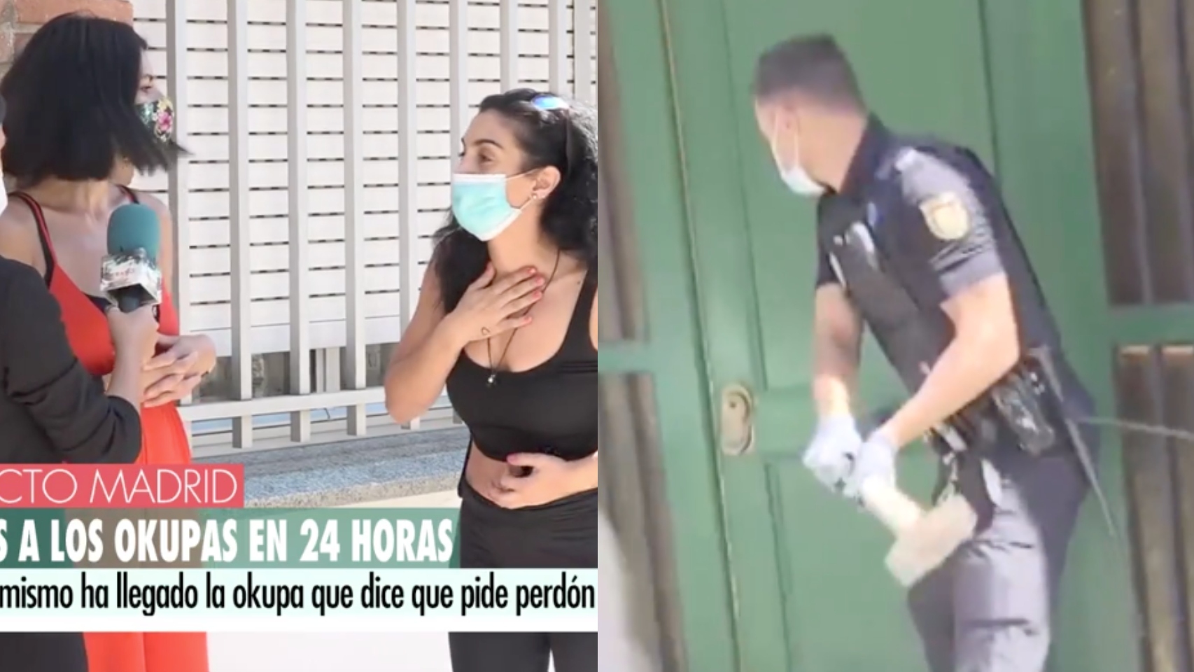 A la izquierda, la periodista y la okupa. A la derecha, la Policía Nacional desalojando la casa.