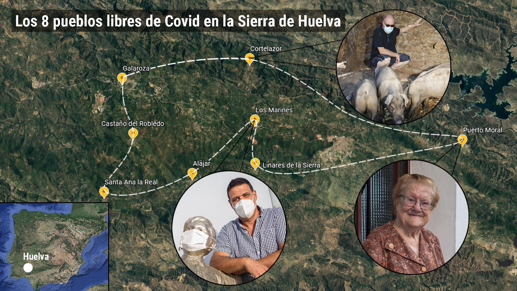 Mapa de los ocho pueblos onubenses sin contagios.
