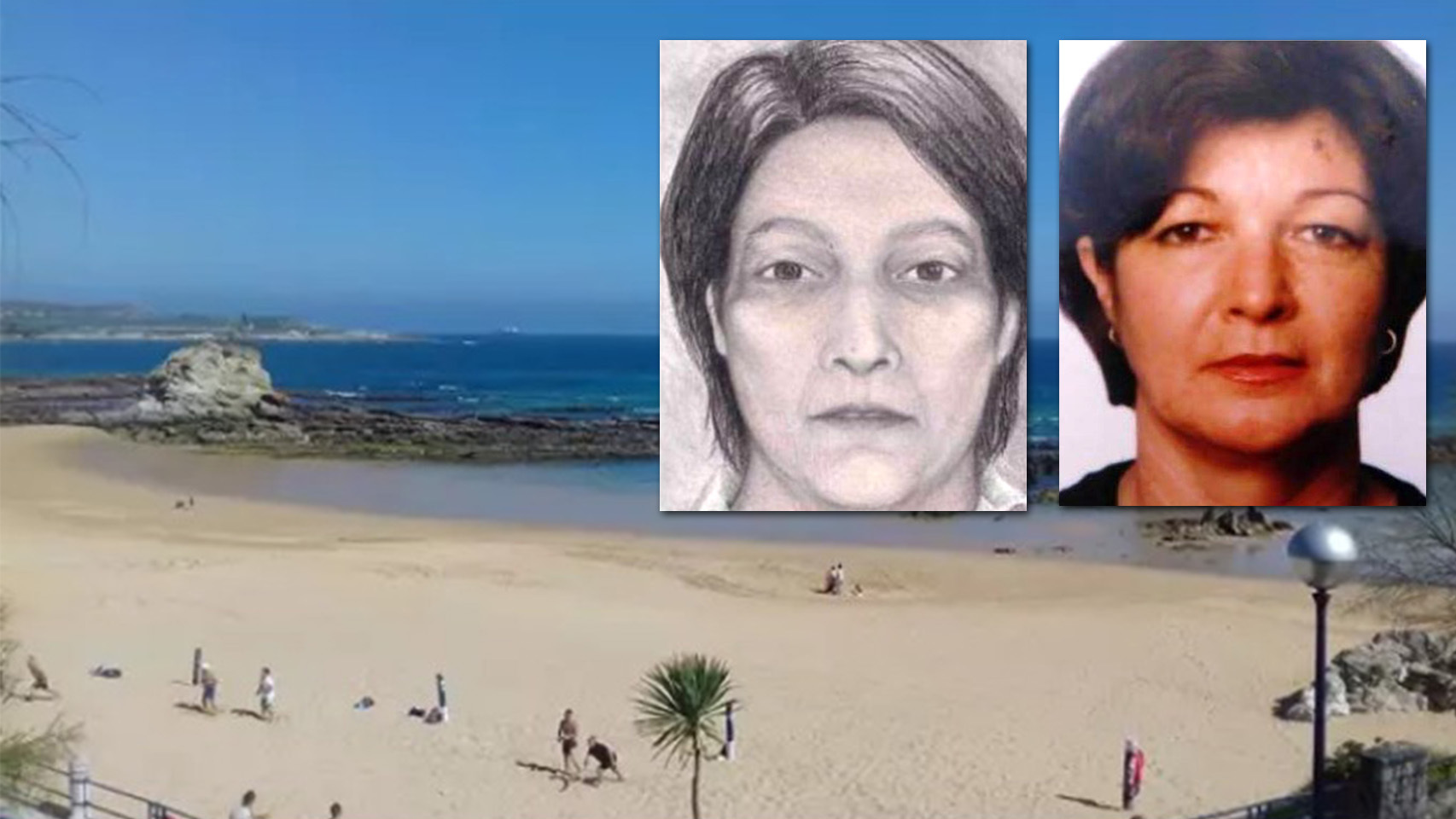 A la izquierda, el retrato robot de la 'Dama del Camello'; a la derecha, Blanca Otero; de fondo, la playa del Camello (Santander).
