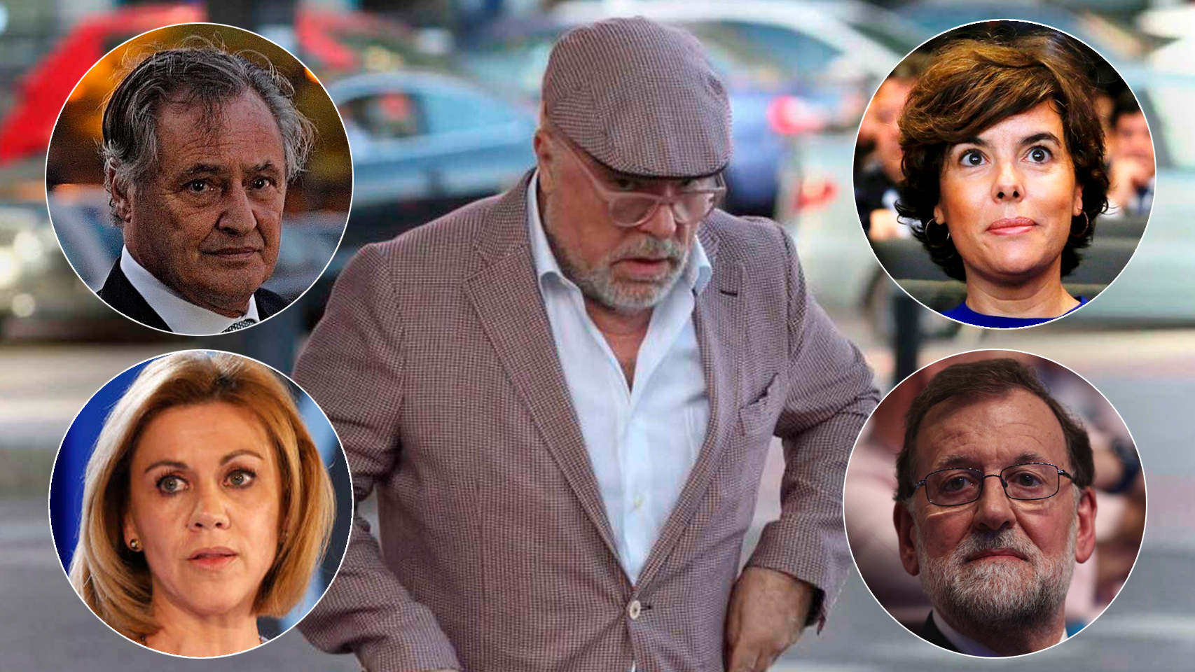 El ex comisario Villarejo. En las burbujas, de arriba a abajo y de izquierda a derecha, López del Hierro, Cospedal, Saénz de Santamaría y Rajoy.