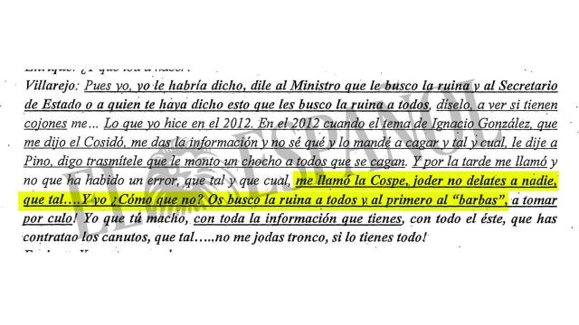 Villarejo amenaza a Cospedal con tirar de la manta y buscarles la ruina a todos.