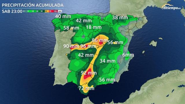 Las precipitaciones que acumulará la Península para el sábado. Eltiempo.es.