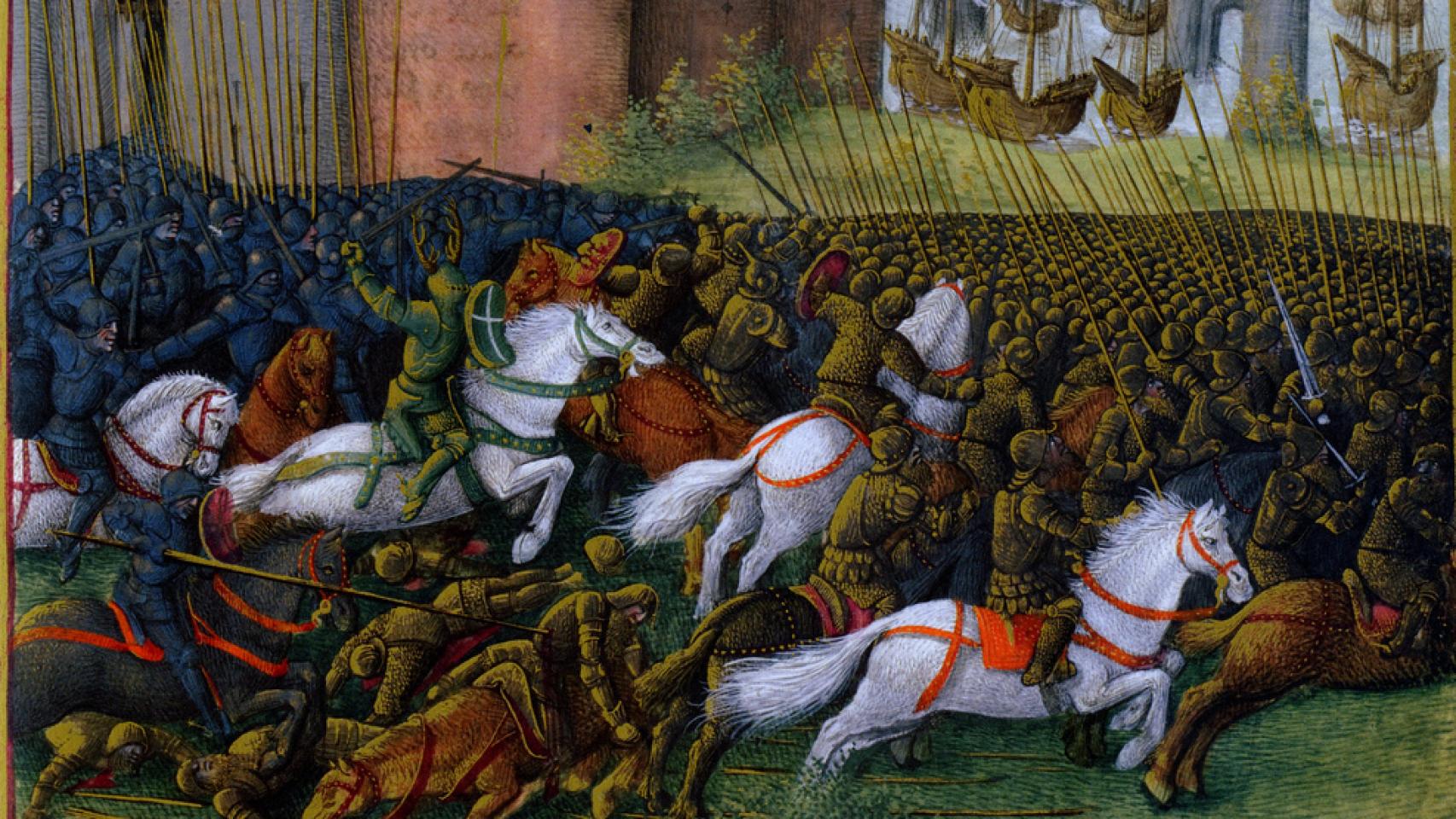Grabado del siglo XV sobre el sitio de Tiro de 1187 en el que aparece representado el Caballero Verde.