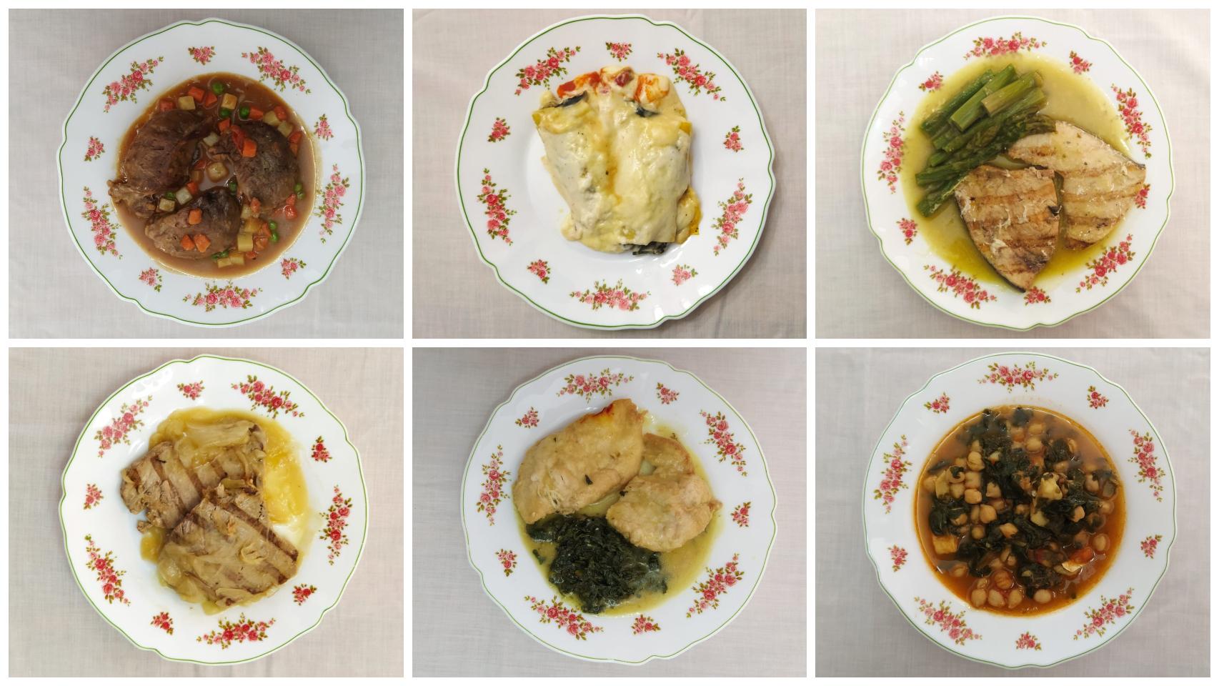 De arriba a abajo y de izquierda a derecha: carrilleras de cerdo al vino, canelones de verduras, emperador con trigueros, atún encebollado, pollo al azafrán y potaje de bacalao.