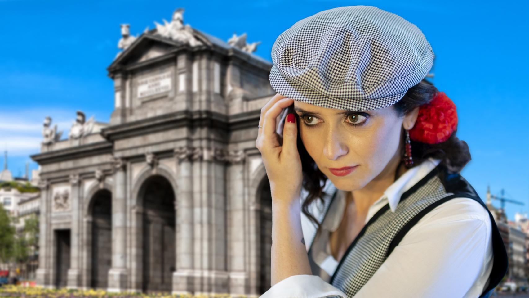 La presidenta de la Comunidad de Madrid, vestida de chulapa, en un montaje con la Puerta de Alcalá al fondo.