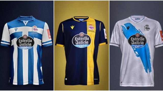 Las tres equipaciones del Deportivo.