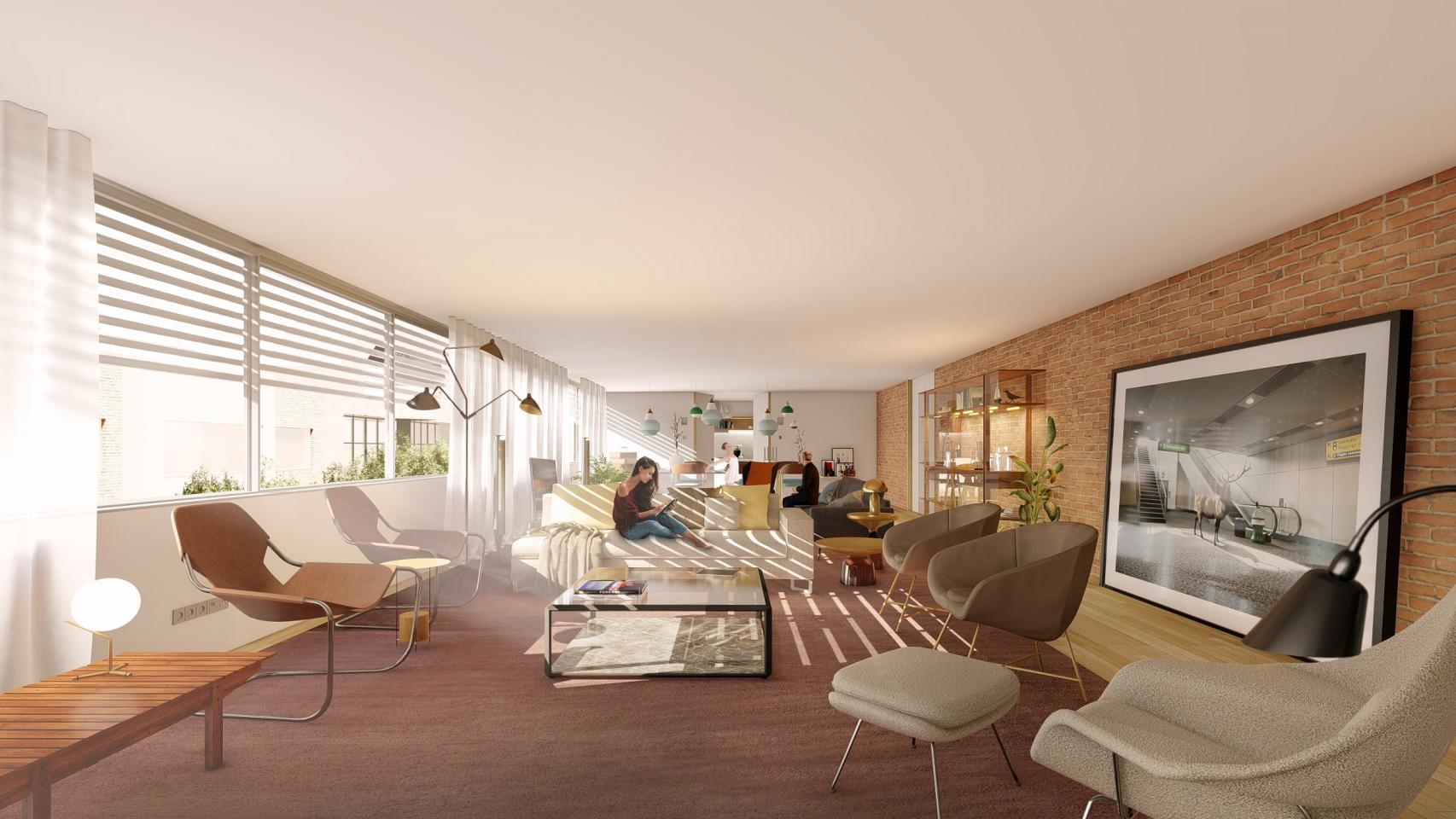 Salón/cocina del piso piloto de tres dormitorios.