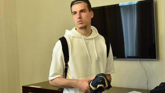 Andriy Lunin, durante la concentración con Ucrania