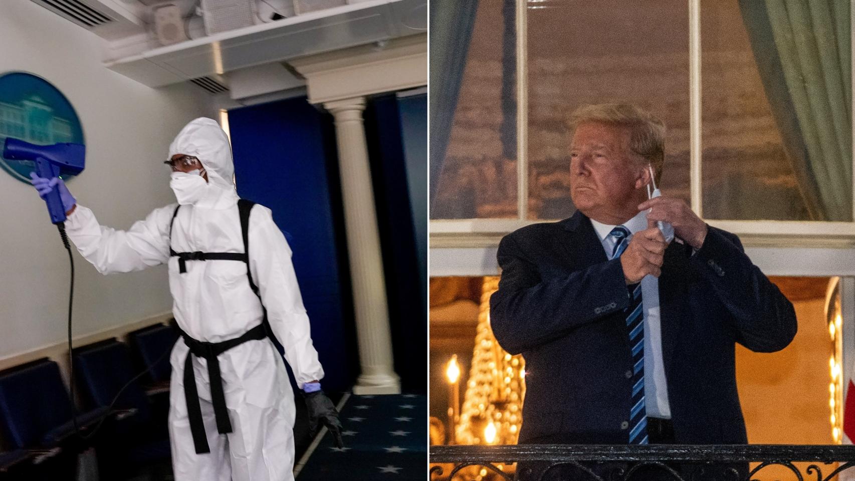 A la izquierda, operarios desinfectan la Casa Blanca; a la derecha, Donald Trump, aún contagiado, se quita la mascarilla.