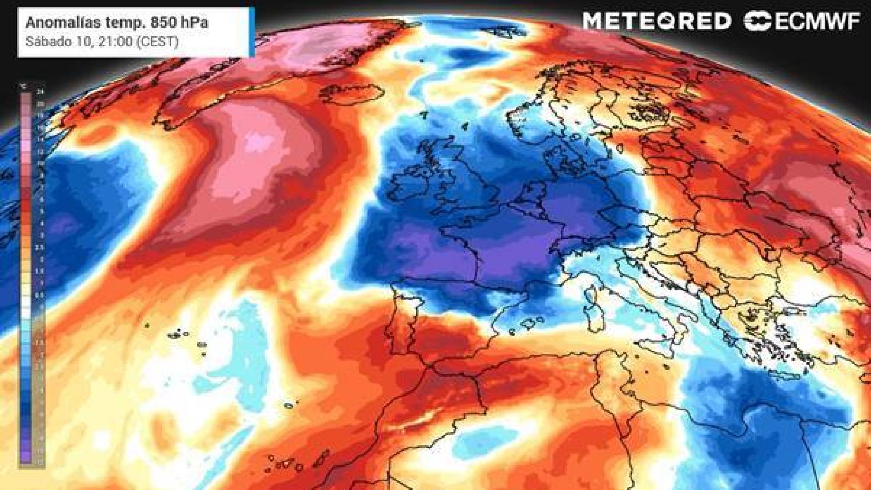 Entrada de la masa de aire frío el sábado 10 por el norte de la Península. Tiempo.com