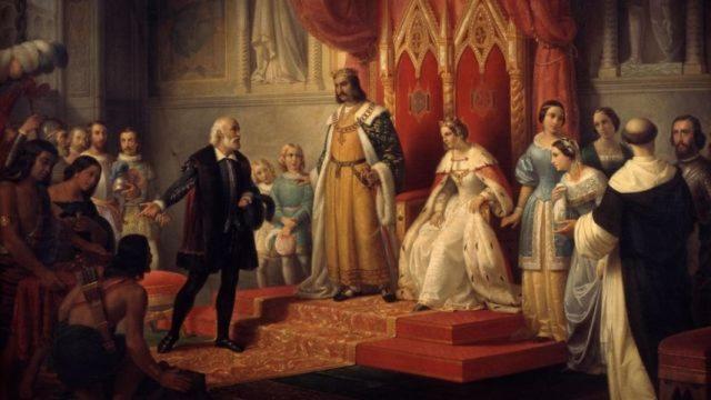 Cristóbal Colón, a su vuelta del viaje a América, frente a los Reyes Católicos.