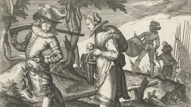'Un soldado orgulloso con su joven esposa', un grabado de Gillis van Breen.
