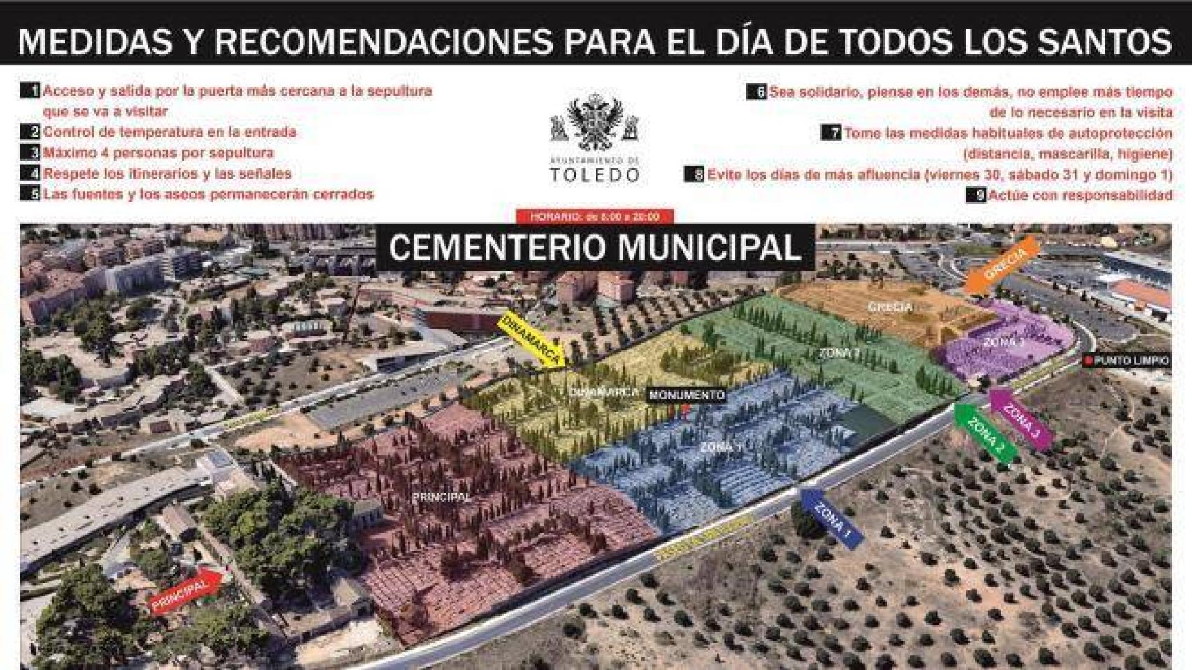 Plano con las medidas de acceso al cementerio de Toledo el 1 de noviembre