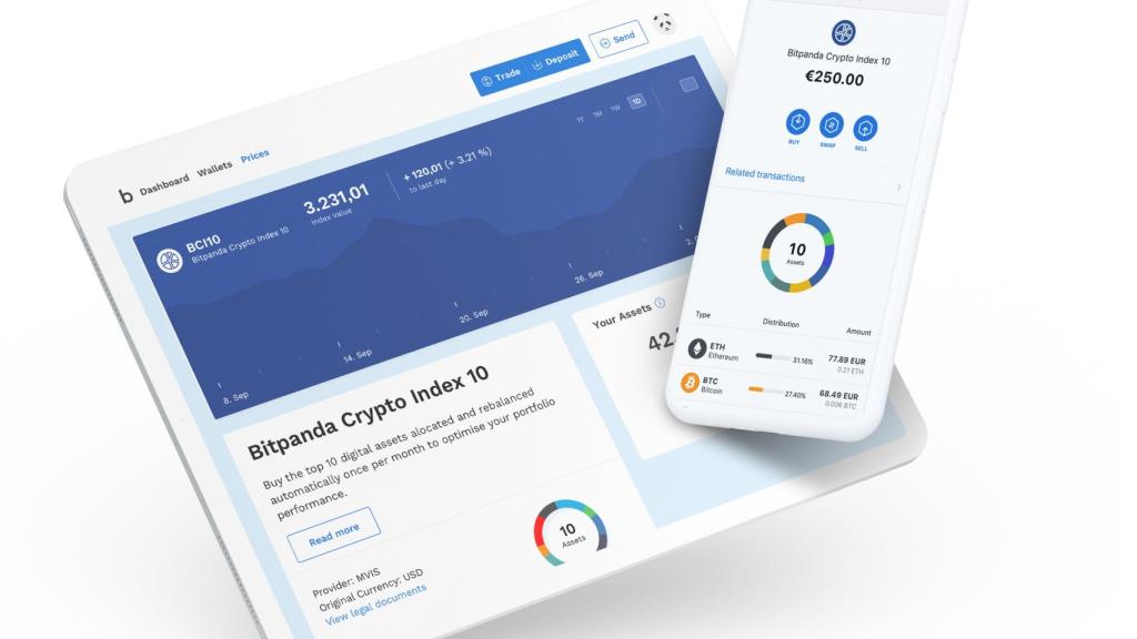 Pantallas operativas de Bitpanda en diferentes terminales móviles.