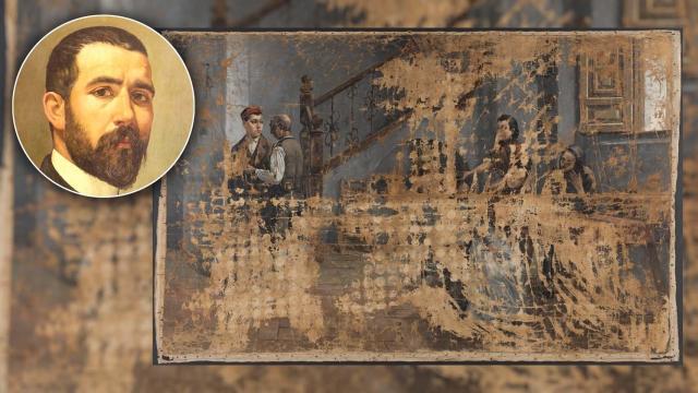 Adolfo Sánchez Megías y su cuadro 'La marcha del soldado', atribuido hasta hace unos días a Concepción Mejía de Salvador.