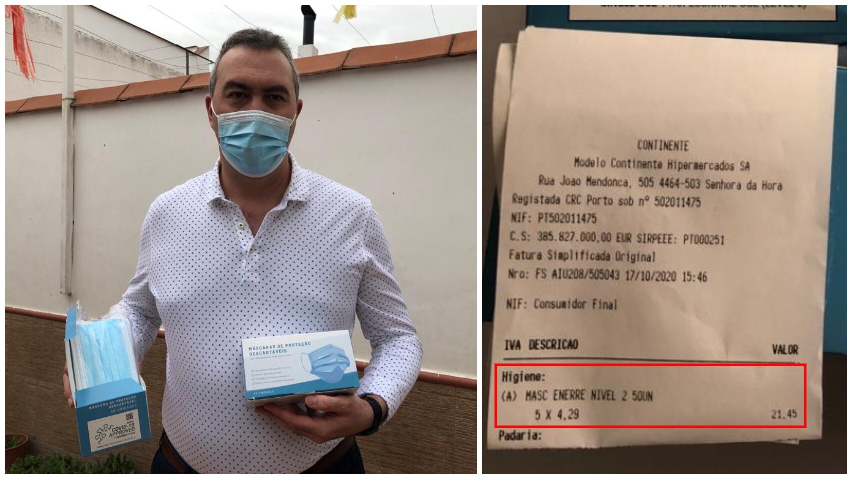 A la izquierda, Antonio, con las mascarillas que adquirió en Portugal. A la derecha, el ticket de su compra: 250 mascarillas por 21,45 euros.