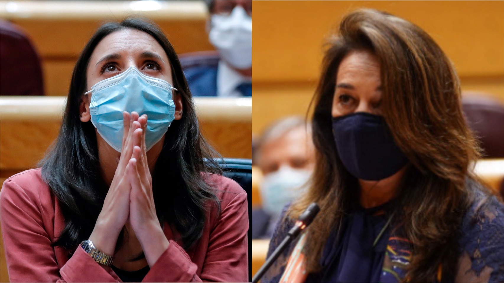 La ministra de Igualdad, Irene Montero, y la senadora del PP María Adelaida Pedrosa, este martes en el Senado durante la sesión de control al Gobierno.