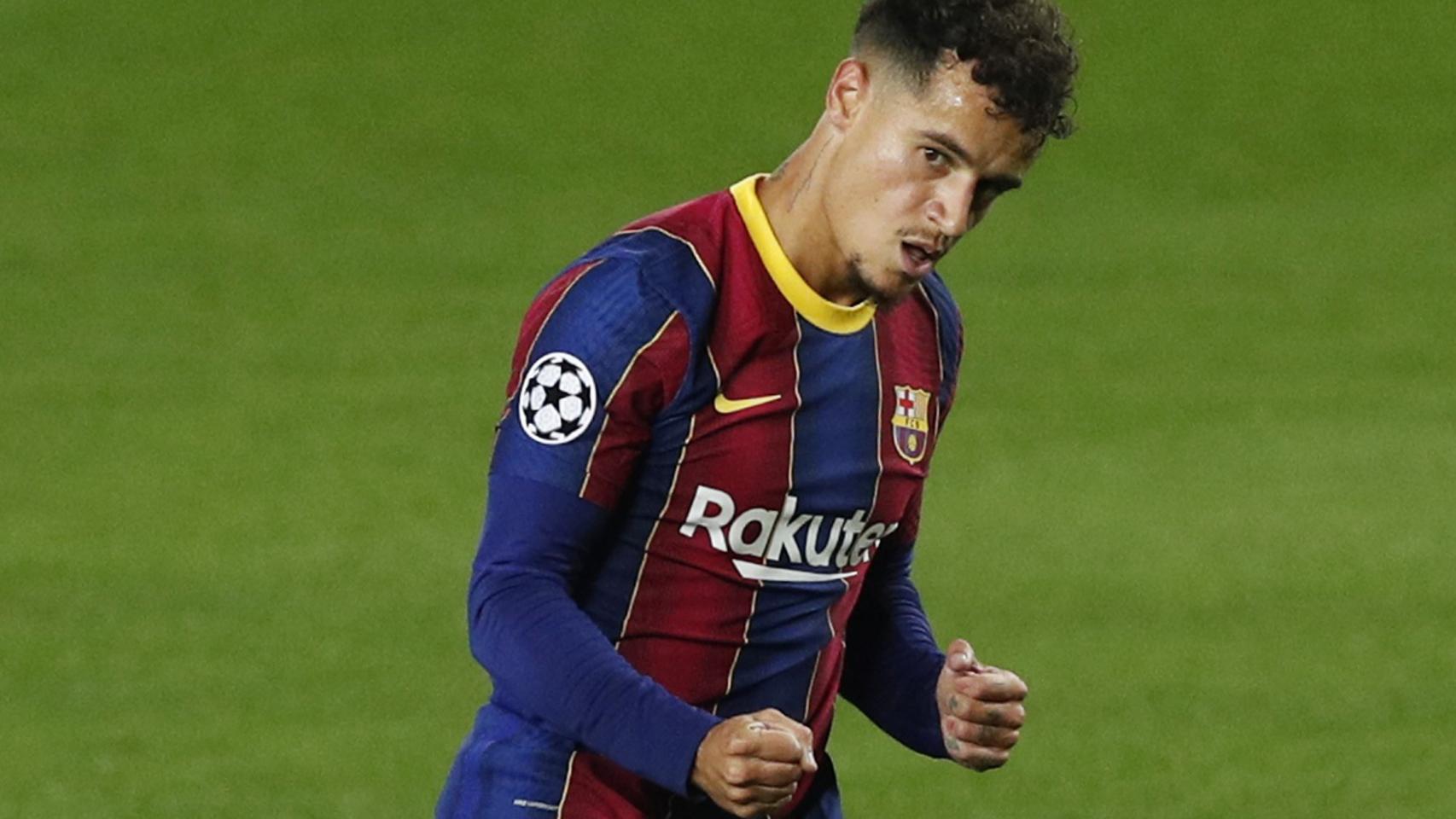 Coutinho celebra un gol con el Barcelona en la Champions League 2020/2021