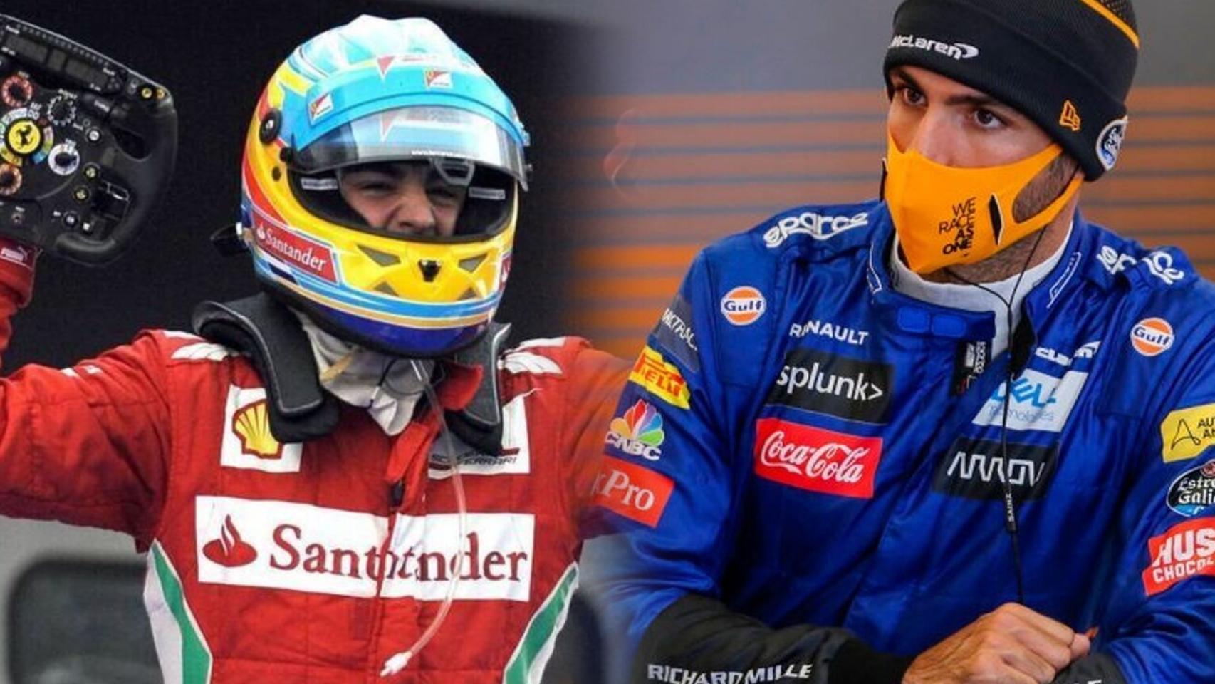 Fernando Alonso, durante su etapa en Ferrari, y Carlos Sainz, en un Gran Premio de 2020
