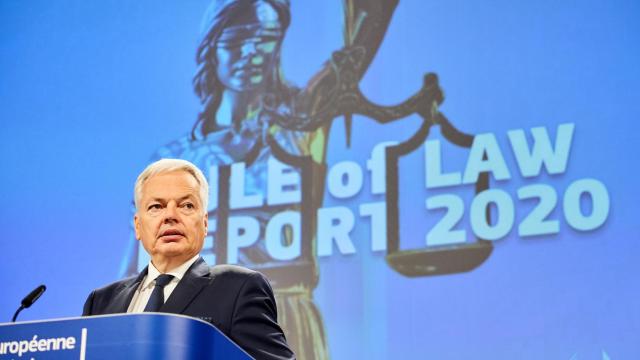 El comisario de Justicia, Didier Reynders, en la presentación del informe sobre el Estado de derecho en la UE de 2020.