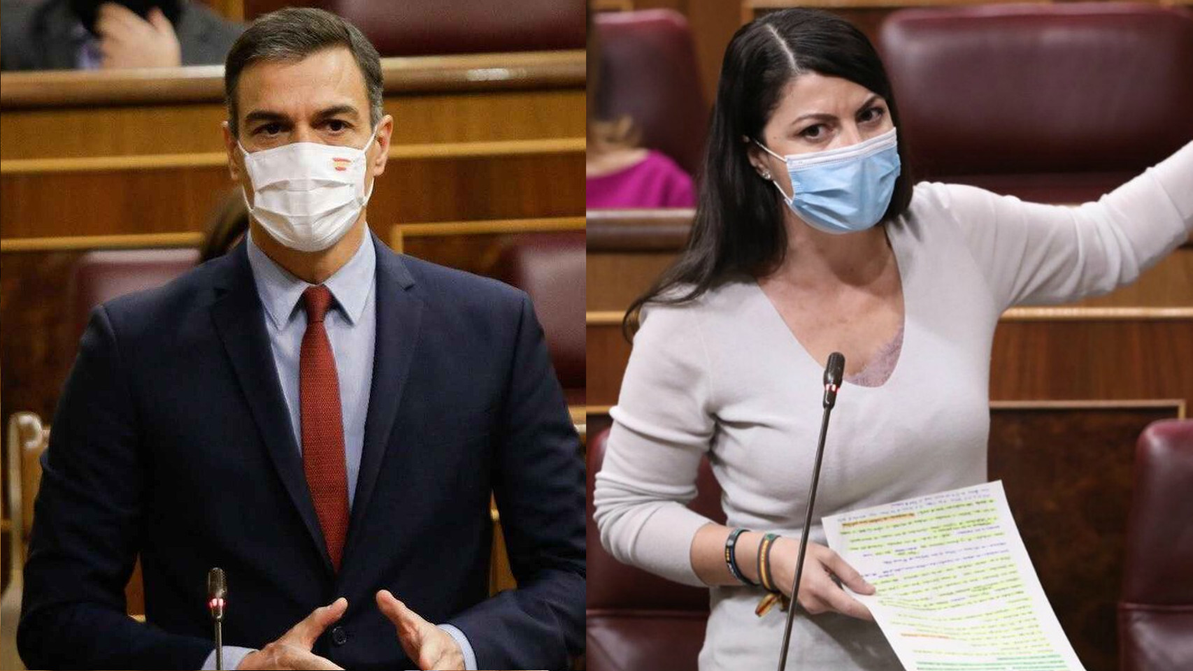Pedro Sánchez y Macarena Olona en un fotomontaje.
