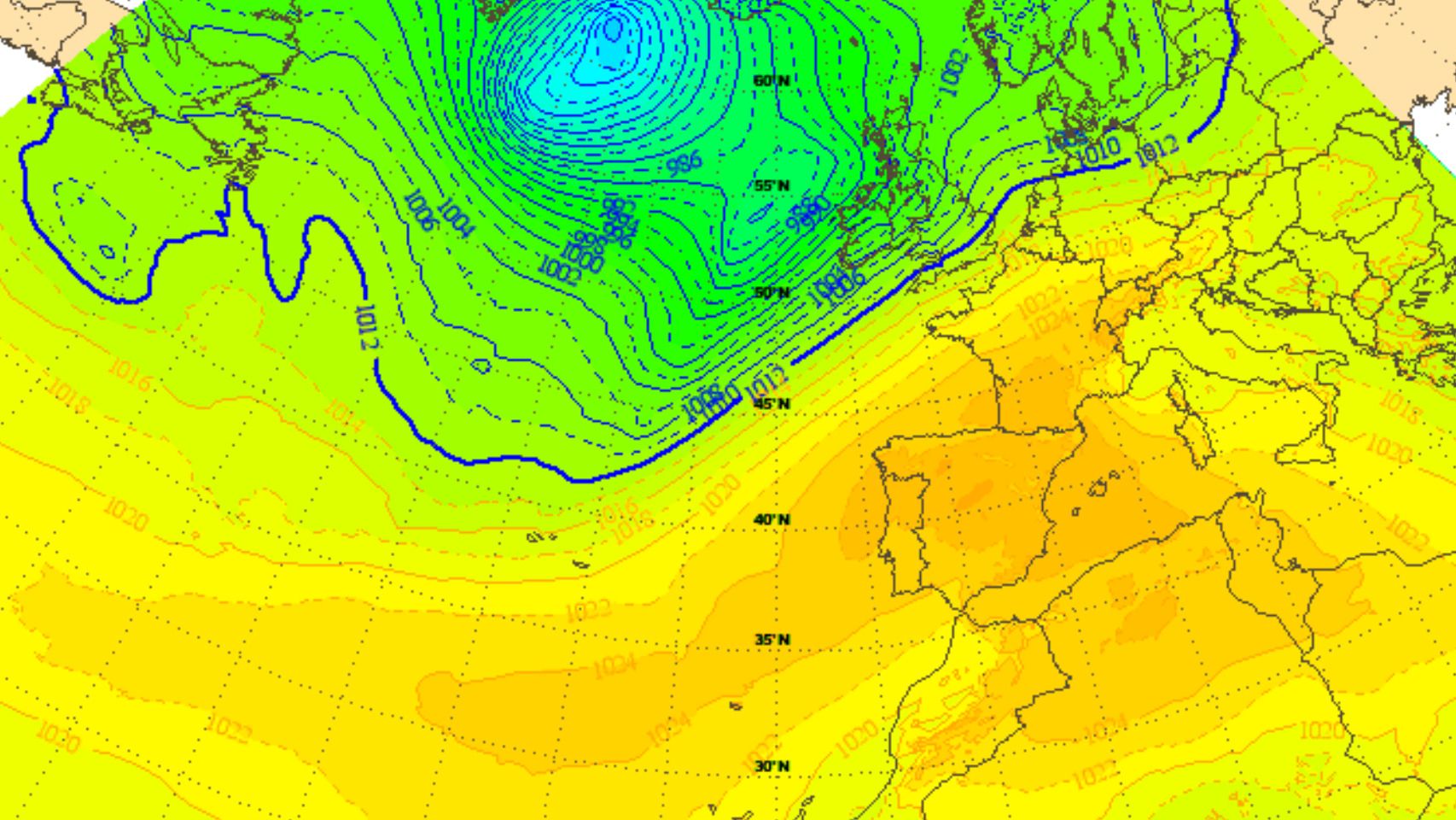 Las bajas presiones se mantienen al norte mientras las alta se instalan a la altura de España. AEMET/SINOBAS.