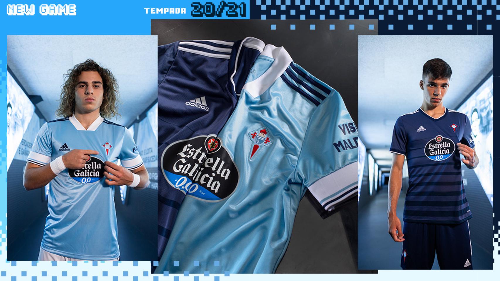 Miguel Rodríguez (izq.) y Gabri Veiga (dcha.) posan con las nuevas equipaciones en la campaña #NovaPartida2021. RC Celta