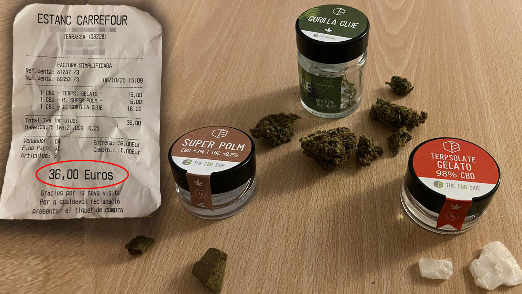 Los tres productos cannábicos que se venden en el estanco y el tíquet de compra