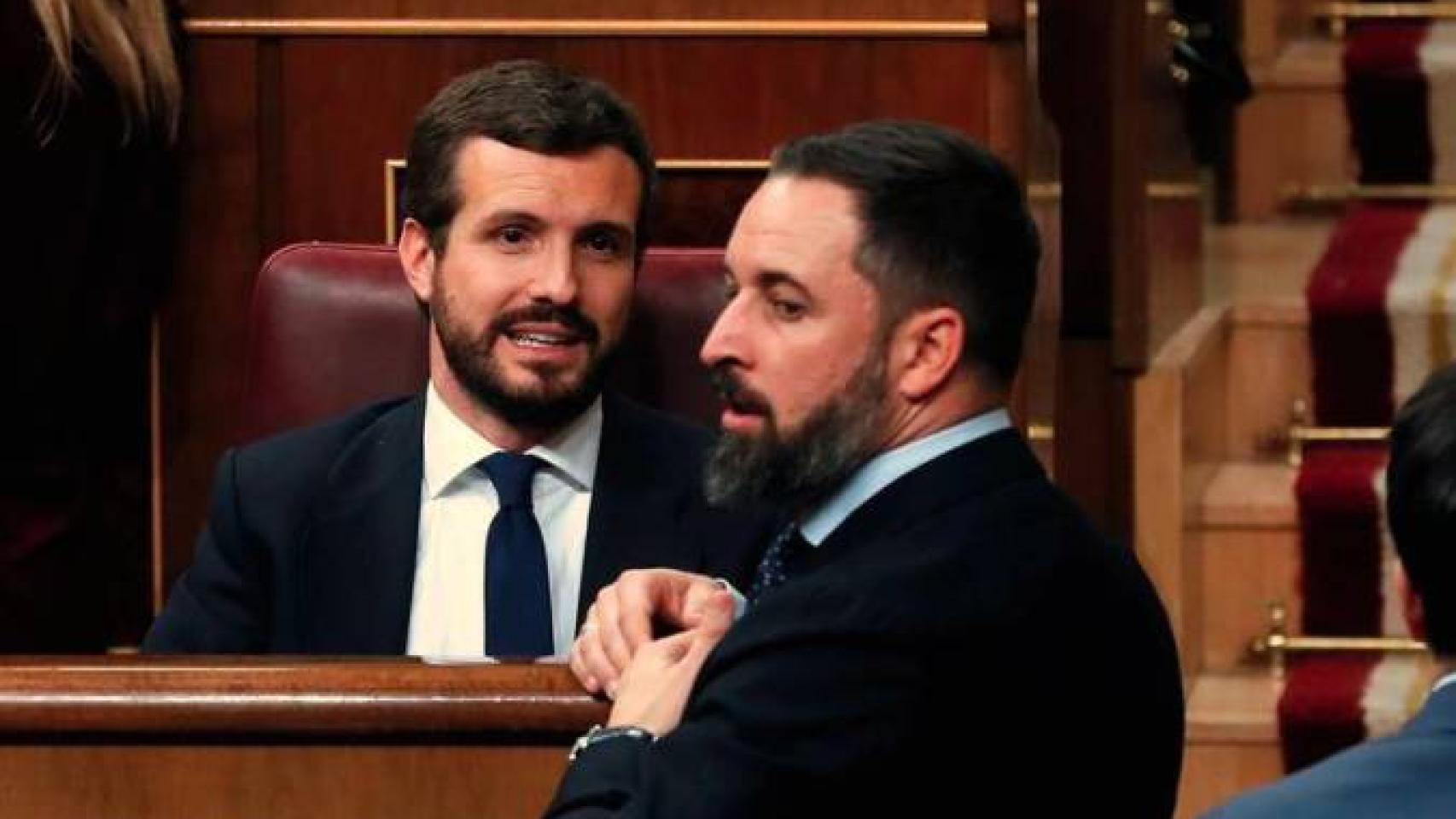 El presidente del PP, Pablo Casado, y el líder de Vox, Santiago Abascal, en una imagen de archivo en el Congreso.