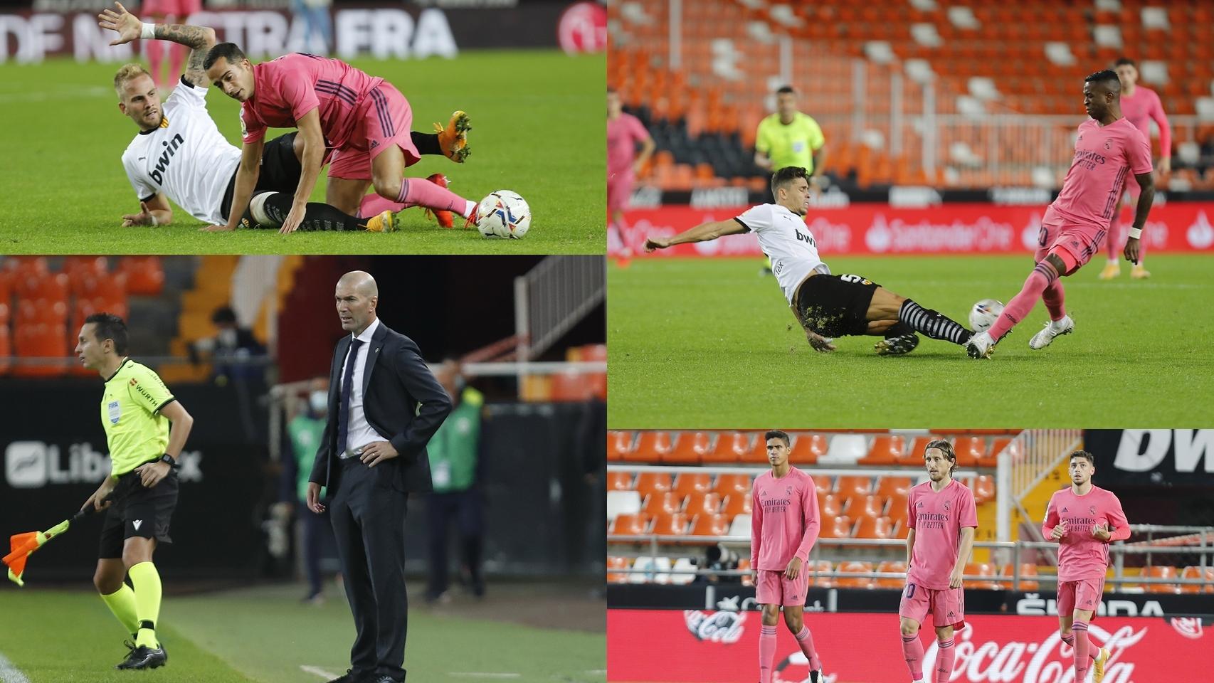 Lucas Vázquez y Uros Racic, Vinicius Jr. y Hugo Guillamón, Zinedine Zidane y Raphael Varane, Luka Modric y Fede Valverde durante el Valencia - Real Madrid