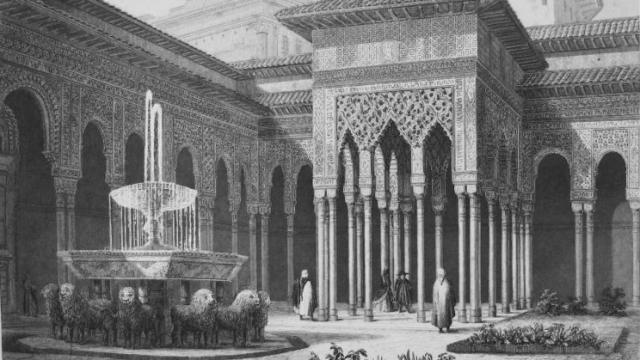 Grabado del Patio de los Leones de la Alhambra de Granada.