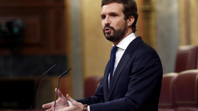 El líder del PP, Pablo Casado durante su intervención este miércoles en el Pleno del Congreso.