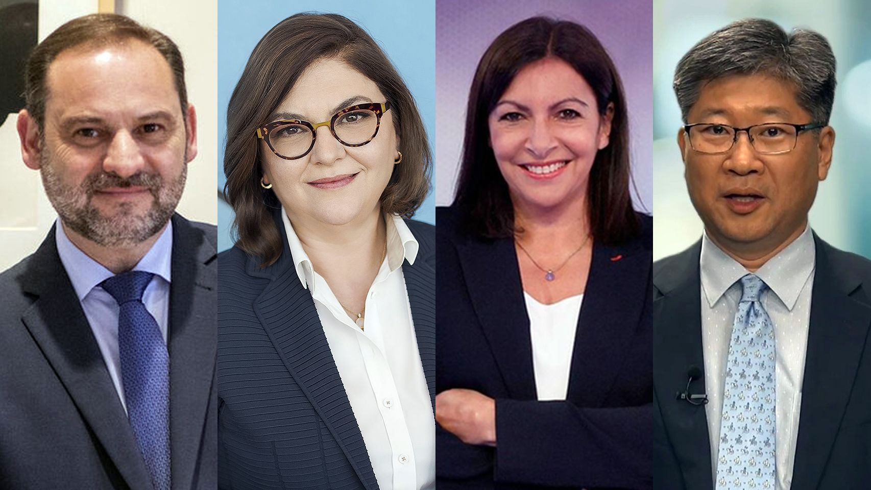 De izquierda a derecha: José Luis Ábalos, ministro de Movilidad y Transporte; Adina Välean, comisaria europea de transporte; Anne Hidalgo, alcaldesa de París; y Young Tae Kim, secretario general del Foro Internacional del Transporte.